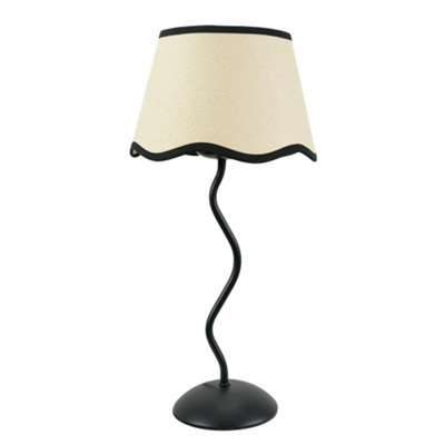ValueLights Wiggle Black Metal Stem Table Lamp with Linen Scallop Black Trim Tapered Lamp Shade
