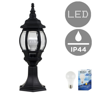 ValueLights Windsor Modern Black Outdoor Garden Lantern Style Lamp Post Light - IP44 Rated - Complete with 1 x 6w LED ES E27 Bulb