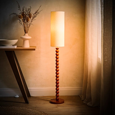 ValueLights Wyatt Natural Linen Tall Lamp Shade Walnut Wood Bobbin Floor Lamp with LED Bulb