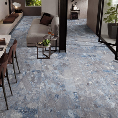 Vance Polished Blue Stone Effect Porcelain Wall & Floor Tile - Pack of 16 Tiles, 11m² - (L)600(W)1200mm