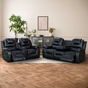 Vancouver 2 Piece Electric Recliner Sofa Set in Black Leather Aire
