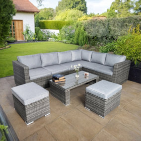 Vancouver Rattan Corner Sofa Set with Coffee Table and Footstools - Grey