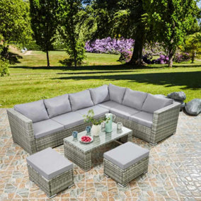 Vancouver Rattan Corner Sofa Set with Coffee Table and Footstools - Grey