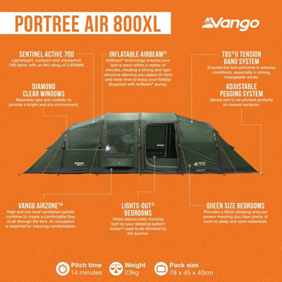 Vango Portree Air 800XL 8 Person Inflatable Tent, 2 Bedrooms, AirBeam ...