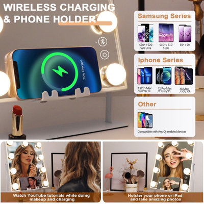 VANITII GLOBAL Bluetooth Hollywood Vanity Makeup Mirror with Lights Rotating 9 LED Make Up Mirror with Wireless Charging