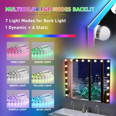 VANITII GLOBAL Large Hollywood Vanity Mirror with Lights 20 Bulbs RGB Backlit Tabletop Wall