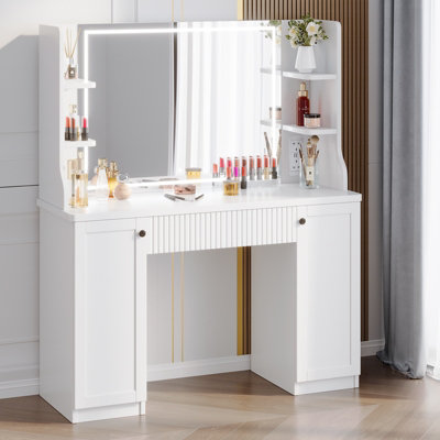 Vanity Desk with LED Lighted Mirror & Power Outlet, Makeup Table with Drawers & Cabinet - White