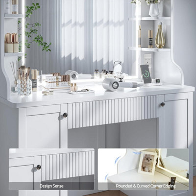 Vanity Desk With LED Mirror & Power Outlet - Makeup Table With Stool And Storage, White