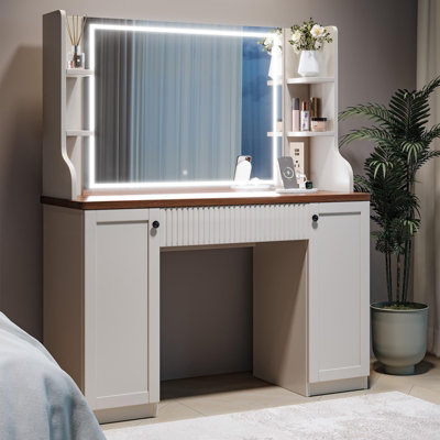 Vanity Desk with Mirror and Lights, Drawers, Storage Cabinets & Shelves, Jewelry Organizer, Charging Station, Brown