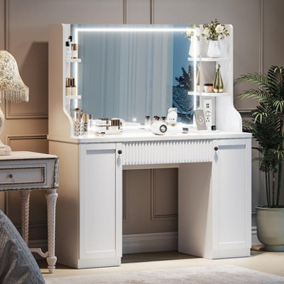 Vanity Desk with Mirror and Lights, Drawers, Storage Cabinets & Shelves, Jewelry Organizer, Charging Station, White