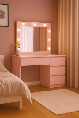 Vanity Dressing Table with LED Lighted Mirror & Drawers Modern Makeup Desk  with Storage for Bedroom ( Pink)