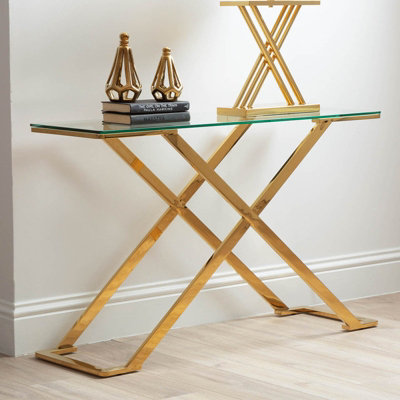 Vanity Living 120cm Metal Console Table for Living Room Furniture, Modern Glass Top Hallway Table, Entrance Table