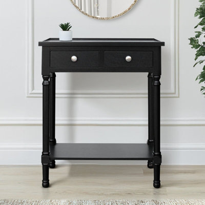 Vanity Living 60cm Black Wooden Console Table For Living Room, 2 Drawers Slim Entry Hallway Table With Shelf Space