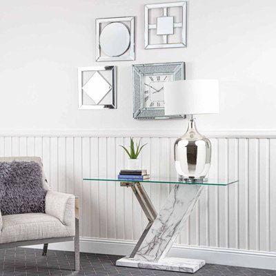 Vanity Living Risco Marble 127cm Console Table, Modern Hallway & Living Room Table with Tempered Glass Top