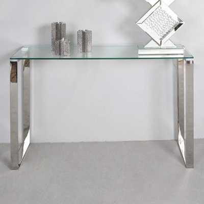 Vanity Living Slim Metal Console Table for Hallway Living Room Furniture, 120cm Entryway Table with Clear Glass Top