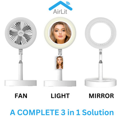 Vanity Mirror, Fan & Light - Portable & Smart with Adjustable Height