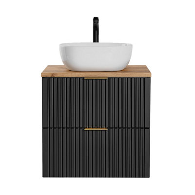 Vanity Unit with Basin 600mm Oak Countertop Wall Hung Black Bathroom ...