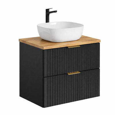 Vanity Unit with Basin 600mm Oak Countertop Wall Hung Black Bathroom ...