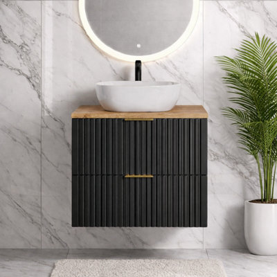 Vanity Unit with Basin 600mm Oak Countertop Wall Hung Black Bathroom ...