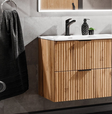 Vanity Unit with Basin 600mm Wall Hung Bathroom Sink Cabinet Oak Effect ...