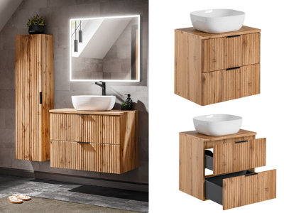 Vanity Unit with Basin 600mm Wall Hung Countertop Bathroom Cabinet Oak ...