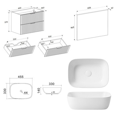Vanity Unit with Basin 600mm Wall Hung Countertop Bathroom Cabinet Oak ...
