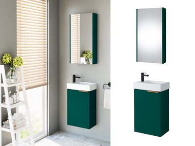 Vanity Unit with Basin and Bathroom Mirror Cabinet 400mm Wall Hung Cloakroom Furniture Set Green Gold Avir