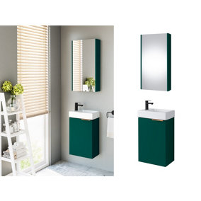 Vanity Unit with Basin and Bathroom Mirror Cabinet 400mm Wall Hung Cloakroom Furniture Set Green Gold Avir