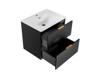 Vanity Unit with Basin Black 600mm Bathroom Sink Cabinet Ribbed Fluted ...