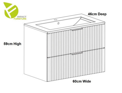 Vanity Unit with Basin Black 600mm Bathroom Sink Cabinet Ribbed Fluted ...