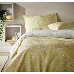 Vantona - Linear Leaves Yellow Floral Bedding Set - Super King Duvet Cover