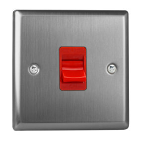 Varilight 1-Gang 45A Cooker Switch Red Insert Brushed Steel