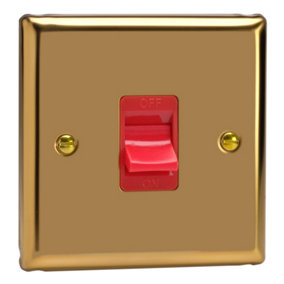 Varilight 1-Gang 45A Cooker Switch Red Insert Polished Brass