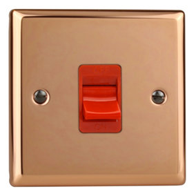 Varilight 1-Gang 45A Cooker Switch Red Insert Polished Copper