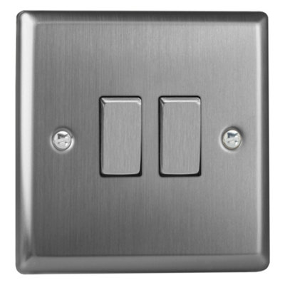 Varilight 2-Gang (10A Intermediate Switch + 10A 1- or 2-Way Rocker Switch) Brushed Steel