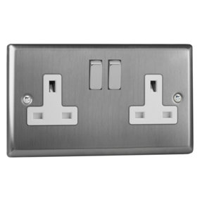 Varilight 2-Gang 13A Double Pole Switched Socket Brushed Steel