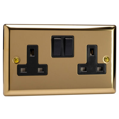 Varilight  13AX 1-Gang DP Switched Plug Socket Brushed Brass  with White Inserts