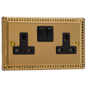 Varilight 2-Gang 13A Double Pole Switched Socket Rope-Edge Brass