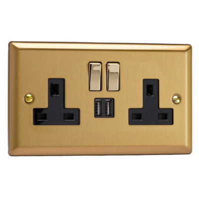 Varilight 2-Gang 13A Single Pole Switched Socket + 2x5V DC 2100mA USB Charging Ports  Brushed Brass