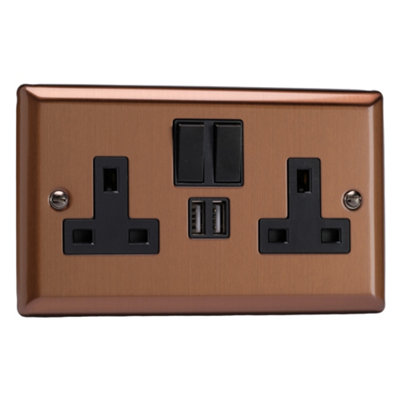 Varilight 2-Gang 13A Single Pole Switched Socket + 2x5V DC 2100mA USB Charging Ports  Brushed Bronze