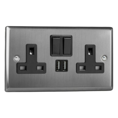 Varilight 2-Gang 13A Single Pole Switched Socket + 2x5V DC 2100mA USB Charging Ports  Brushed Steel