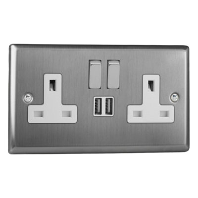 Varilight 2-Gang 13A Single Pole Switched Socket + 2x5V DC 2100mA USB Charging Ports  Brushed Steel