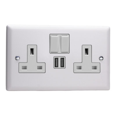 Varilight 2-Gang 13A Single Pole Switched Socket + 2x5V DC 2100mA USB Charging Ports  Chalk White