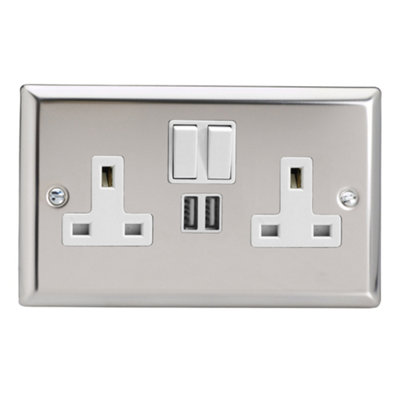 Varilight 2-Gang 13A Single Pole Switched Socket + 2x5V DC 2100mA USB Charging Ports  Chrome