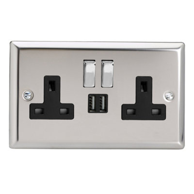 Varilight 2-Gang 13A Single Pole Switched Socket + 2x5V DC 2100mA USB Charging Ports  Chrome