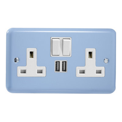 Varilight 2-Gang 13A Single Pole Switched Socket + 2x5V DC 2100mA USB Charging Ports  Duck Egg Blue