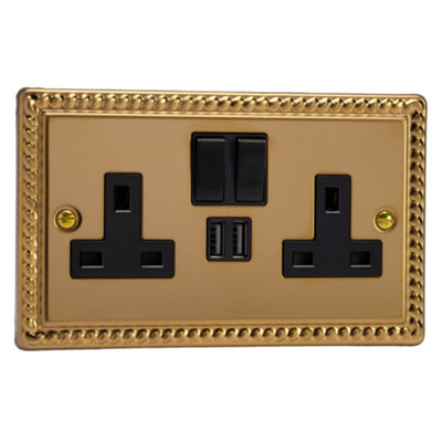 Varilight 2-Gang 13A Single Pole Switched Socket + 2x5V DC 2100mA USB Charging Ports  Georgian Brass