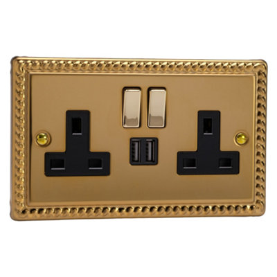 Varilight 2-Gang 13A Single Pole Switched Socket + 2x5V DC 2100mA USB Charging Ports  Georgian Brass