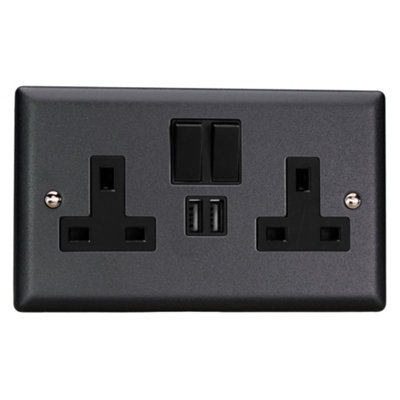 Varilight 2-Gang 13A Single Pole Switched Socket + 2x5V DC 2100mA USB Charging Ports  Matt Black