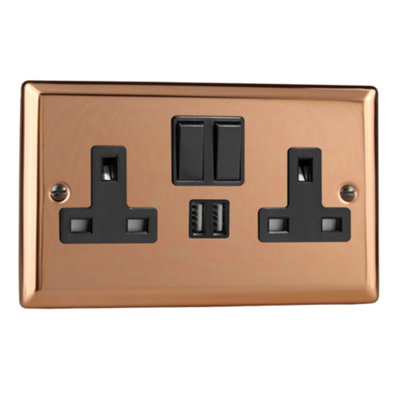 Varilight 2-Gang 13A Single Pole Switched Socket + 2x5V DC 2100mA USB Charging Ports  Polished Copper